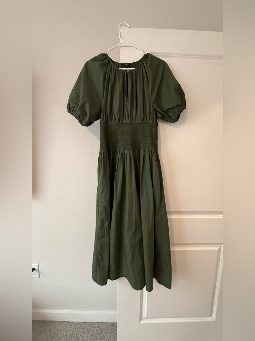 J.Crew Olive Green Smocked Waist Poplin Midi Dress Puff Sleeve🧡 - Picture 7 of 11